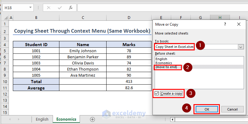 Move or Copy Options for Copying Sheet by Right-Clicking