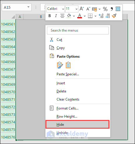 Selecting Hide from the Context menu
