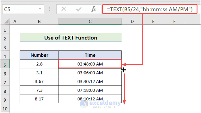 Use TEXT Function to convert number to time in excel