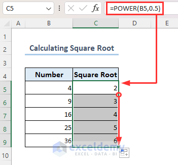 Using POWER function to calculate square root
