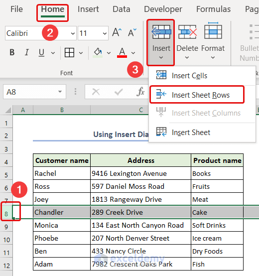 Using the insert dialogue box to insert a row