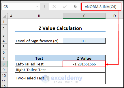 5- calculating the Z critical value for a Left-tailed test using the NORM.S.INV function