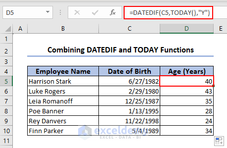 Combining DATEDIF and TODAY functions to calculate the current age