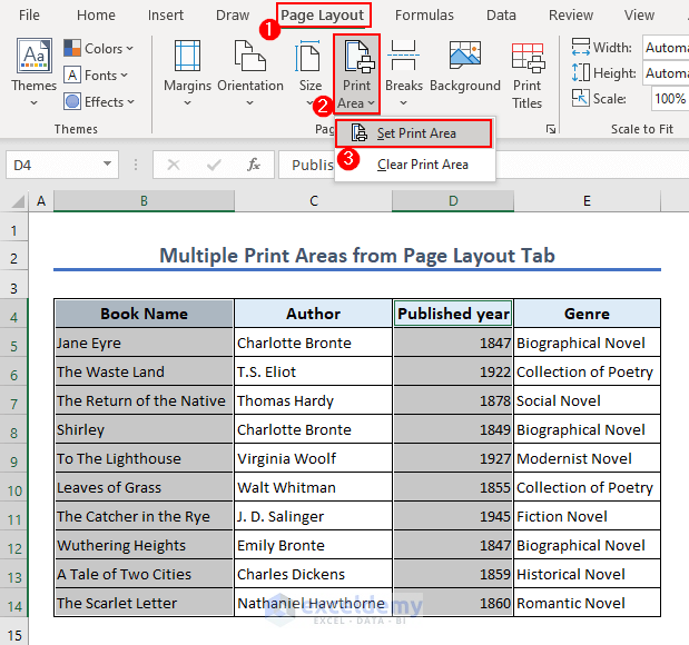 Multiple print area from page layout tab