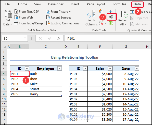 Selecting Relationship Tool to Create Data Model in Excel