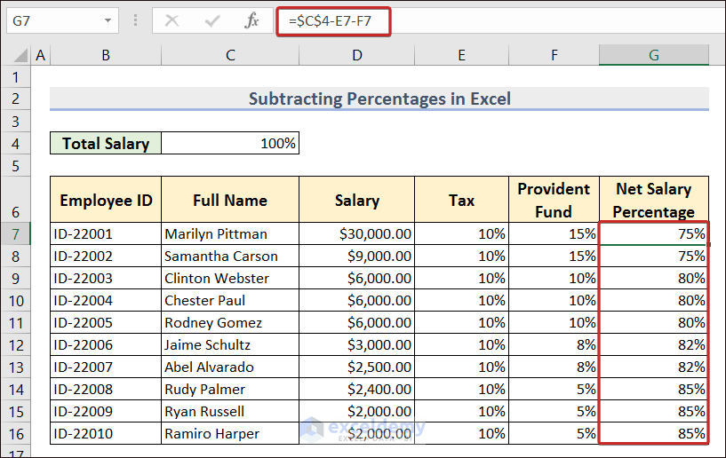 Subtracting Percentage in Excel