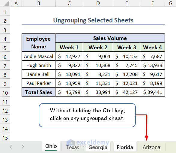 Ungrouping Selected Sheets