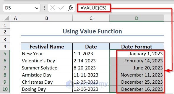 Using VALUE function to convert to date format in Excel