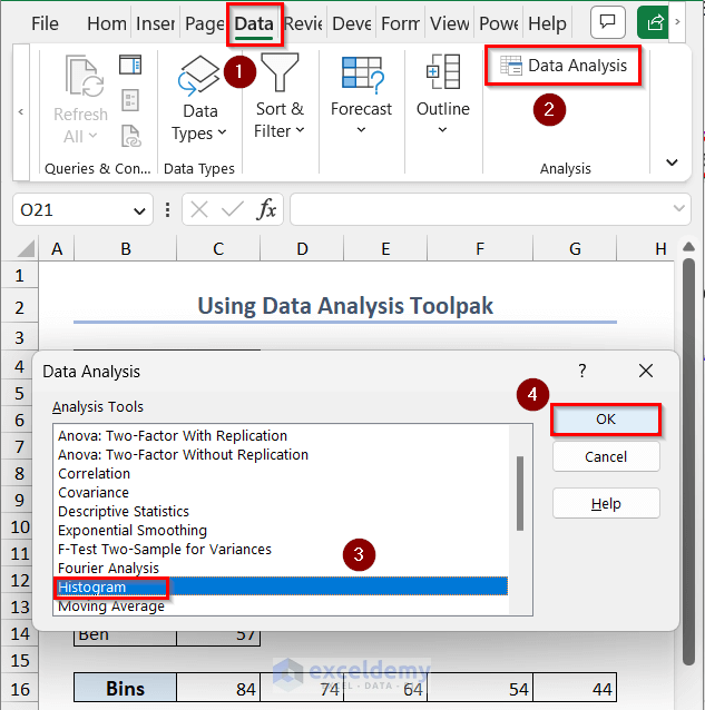 choosing histogram in Data Analysis box in Excel