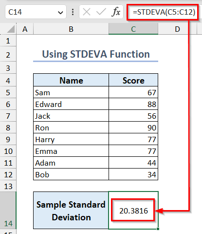 using STDEVA function to calculate standard deviation in Excel