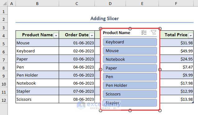 Final result with creating a silcer for the Excel table