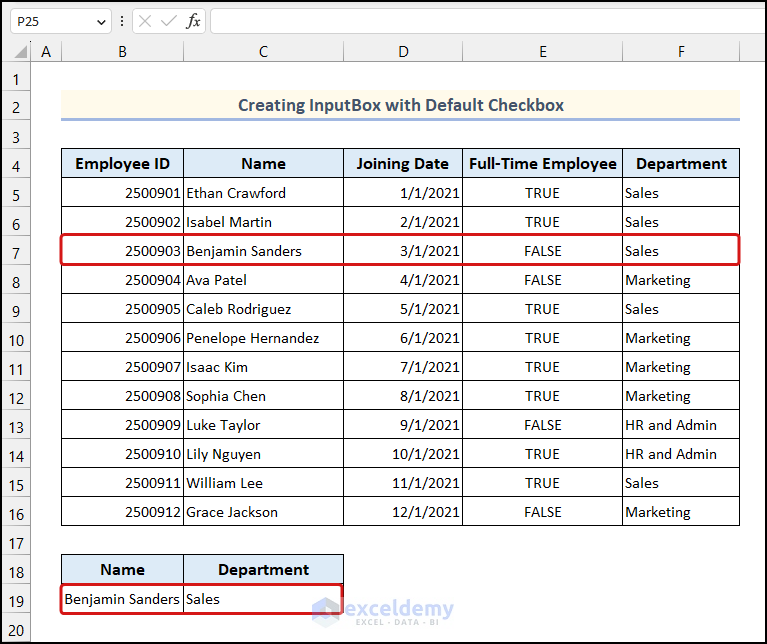 Output obtained after selecting the Department name from the checkbox in Excel