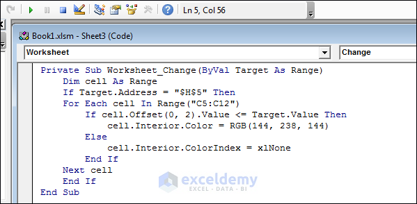 VBA Code for changing the cell format of mobile under or equal to my budget using target address in Excel