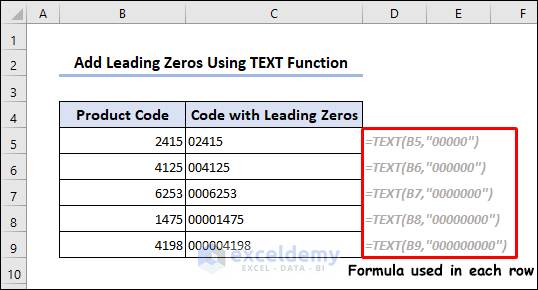 Add leading zeros using TEXT function