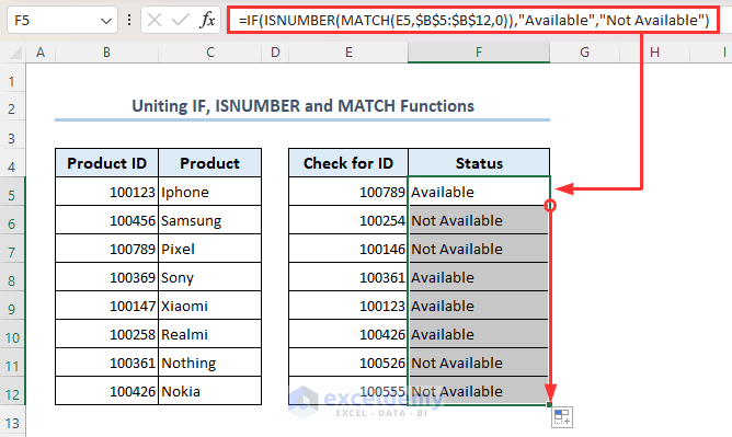 Applying IF, ISNUMBER and MATCH functions to find missing values in Excel