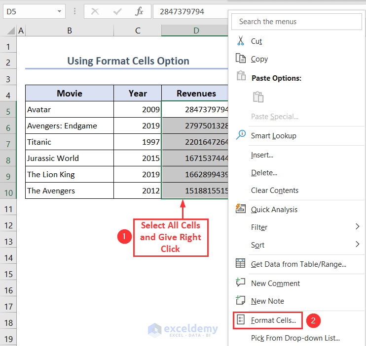 Selecting Format Cells option from Context menu