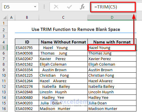 Use TRIM Function to Remove Blank Spaces