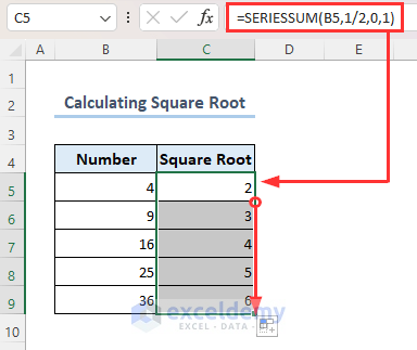 Using SERIESSUM function to calculate square root