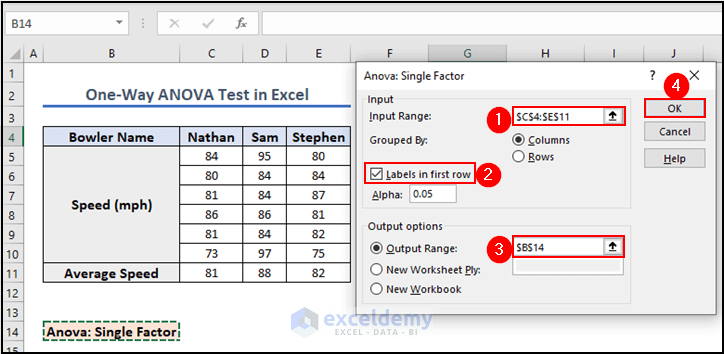 6- editing anova single factor dialogue box to perform one-way anova test in Excel