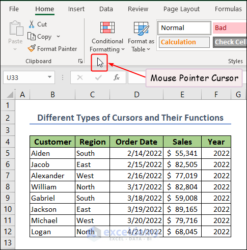 mouse pointer cursor in Excel