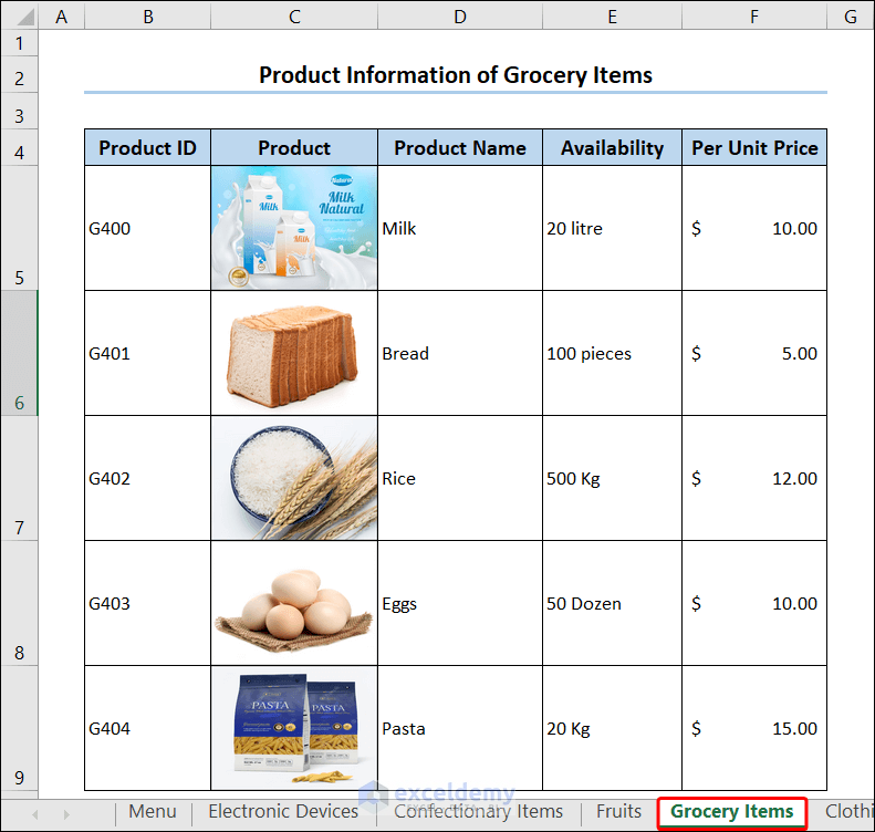 Grocery Items Worksheet