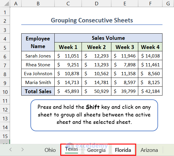Grouping consecutive sheets in Excel