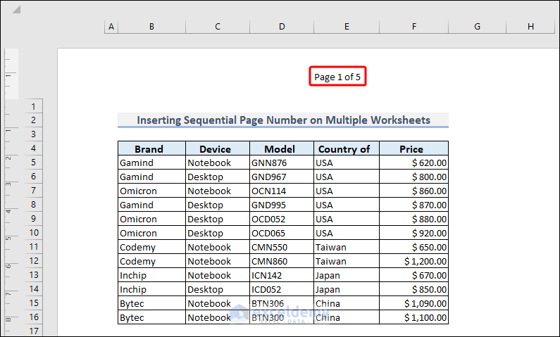 Inserting Sequential Page Numbers on Multiple Worksheets