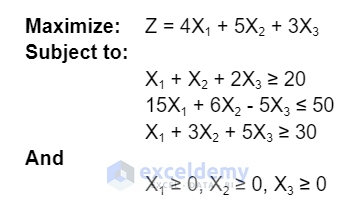 Linear Programming Model Description for Excel Solver
