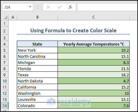 Result after using formula to create color scale in Excel