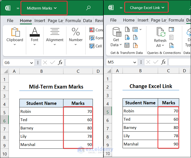 Linked Midterm Marks workbook with Change Excel Link workbook