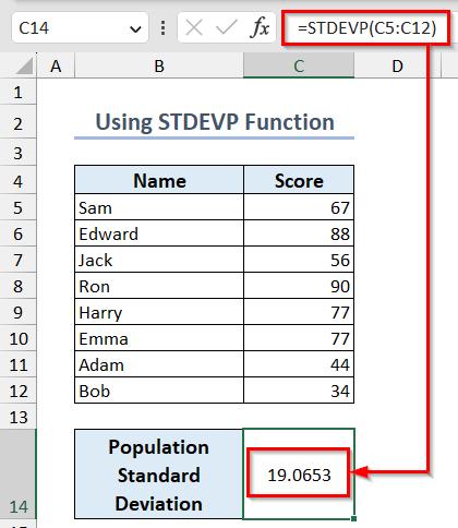 using STDEVP function to calculate the population standard deviation