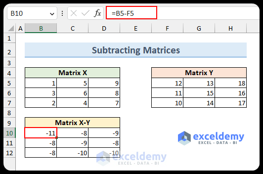 Subtraction of Matrix in Excel
