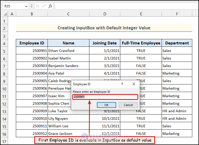 Excel InputBox available with default value in it