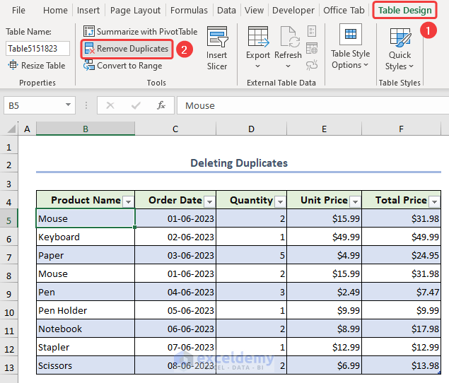 Selecting Remove Duplicates from the Table Design option
