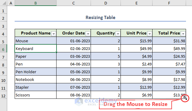 Dragging the mouse to resize the table
