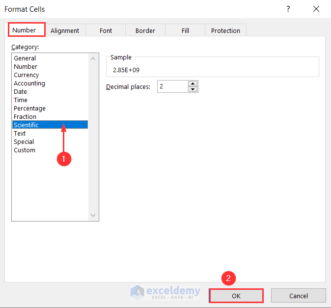 Choosing Scientific as a Category from Format Cells window