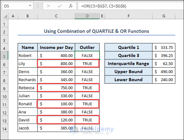 Combine QUARTILE and OR Functions to get Outliers in Excel