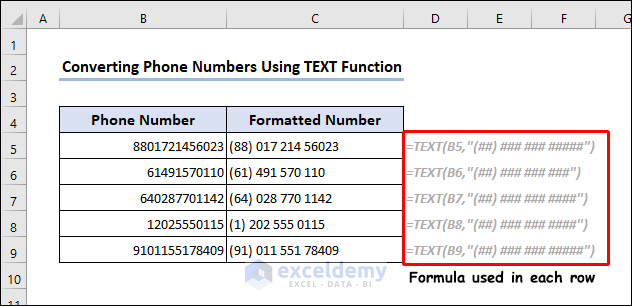 Converting phone number using TEXT function