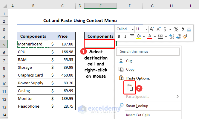 Pasting data from context menu