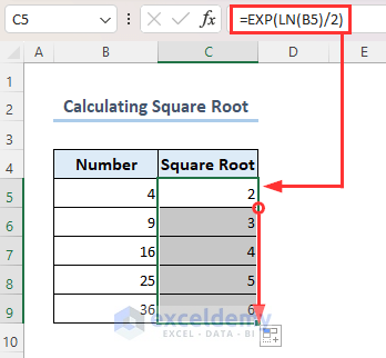 Using EXP and LN function to calculate square root in Excel