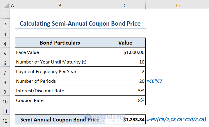 Using PV function to calculate the Semi-Annual Coupon Bond Price