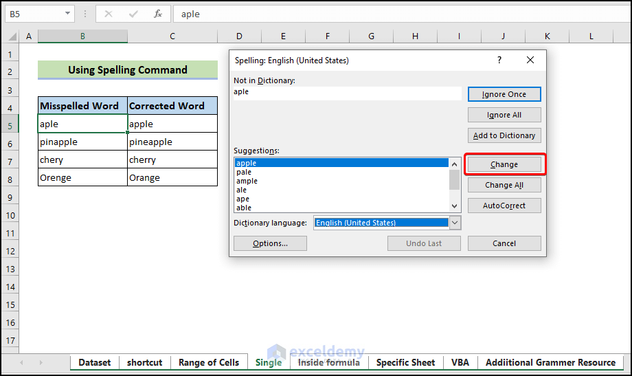 use spell check in Excel