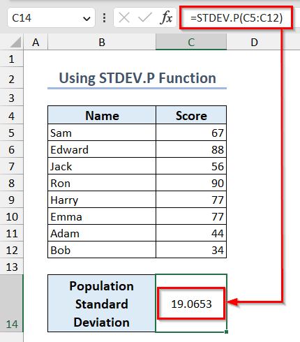 using STDEV.P function to calculate standard deviation
