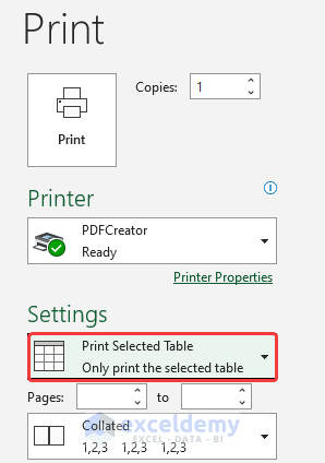Selecting Print Selected Table to print only table