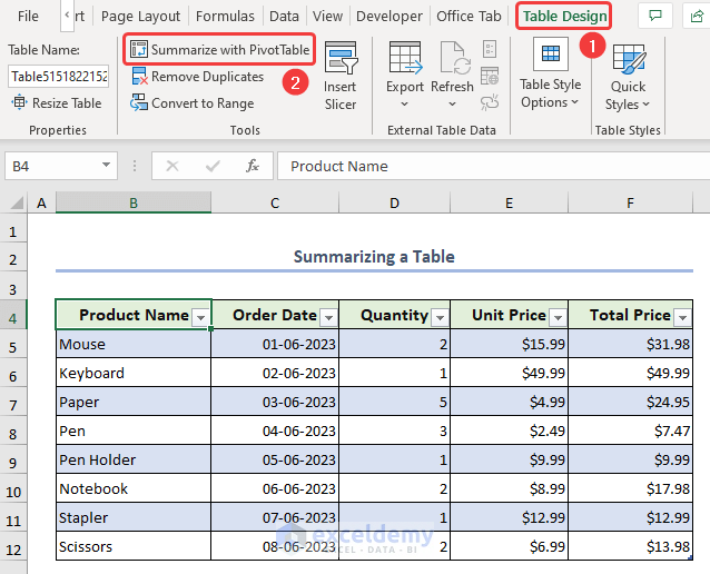Selecting Summarize with PivotTable to create summary