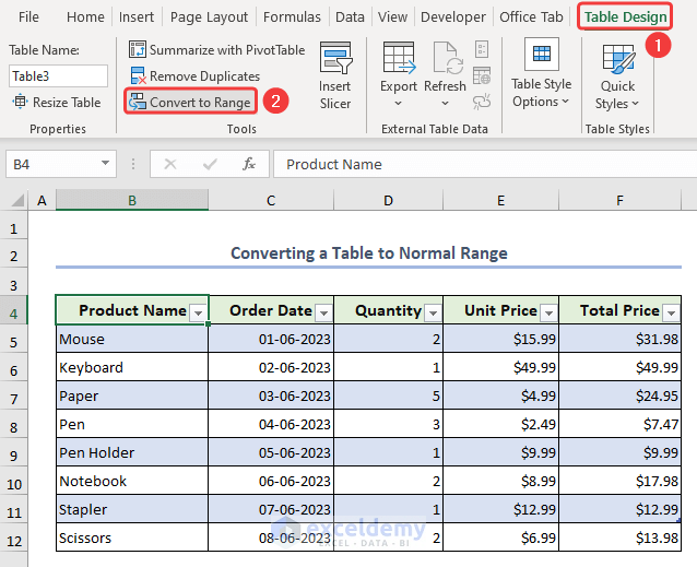 Clicking Convert to Range from the Table Design option