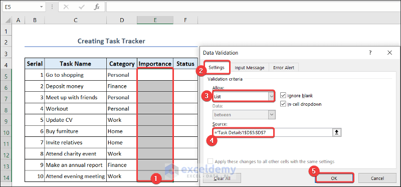 Data Validation for Importance Column in Task Tracker