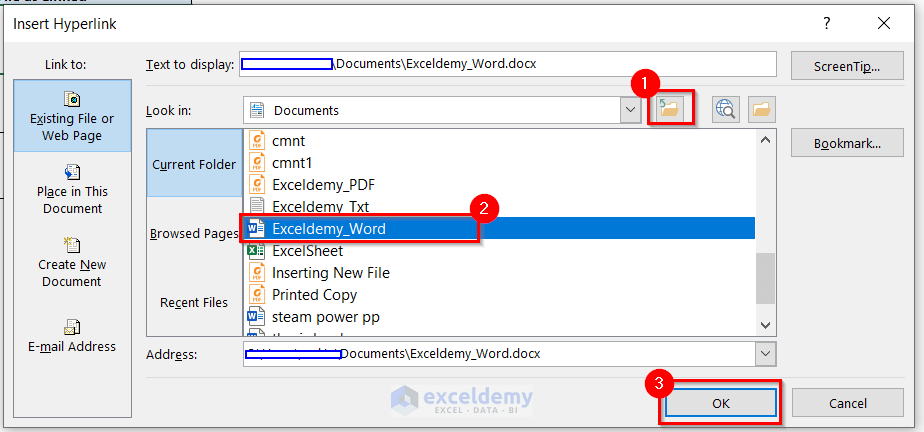 Insert the hyperlink of the file