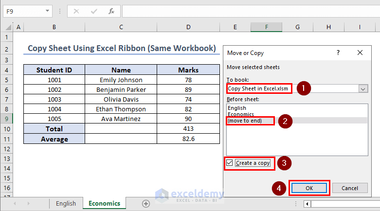 Move or Copy Options for Copying Sheet Using Excel Ribbon