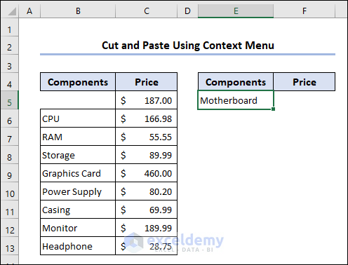 Pasted data into the destination cell from context menu